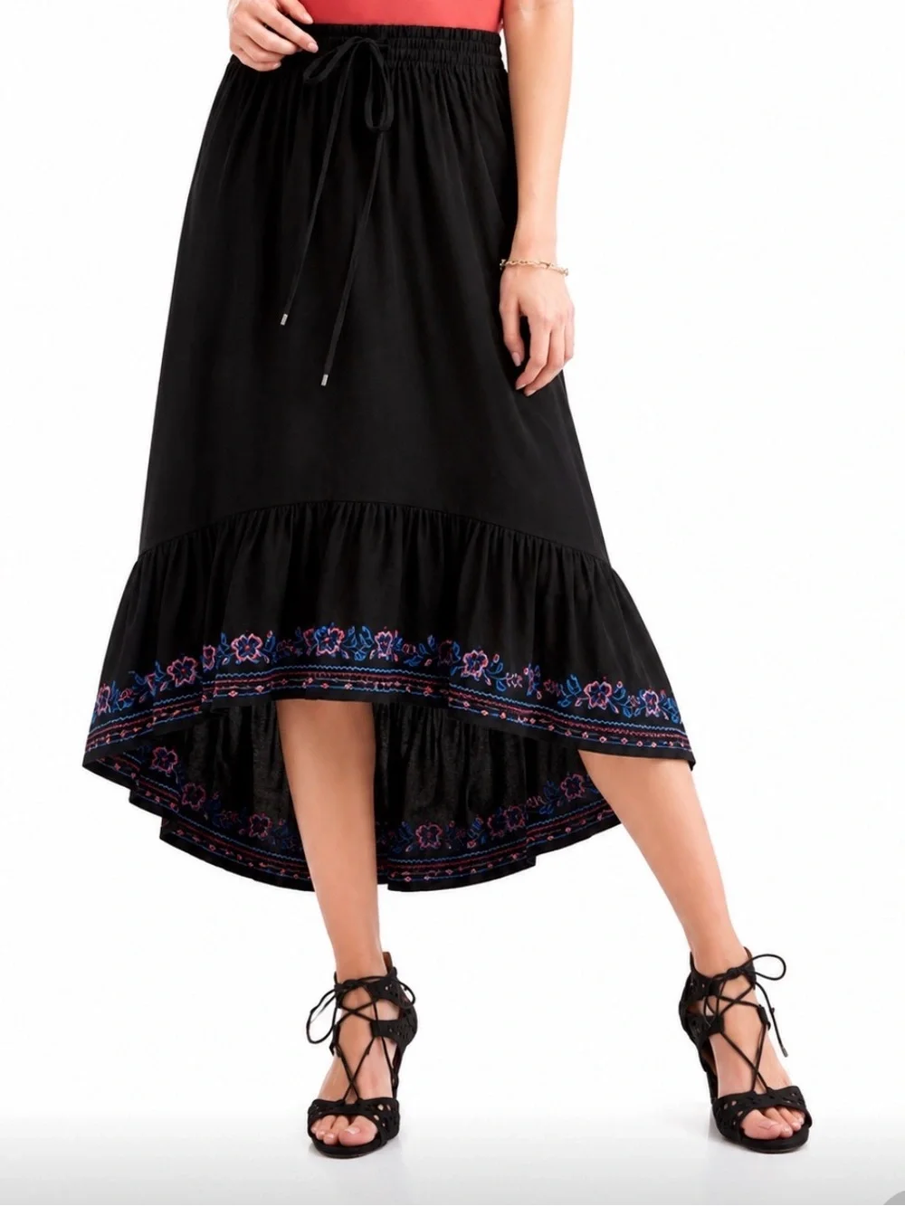 Time And Tru Maxi Skirt Black Floral Embroidered Drawstring